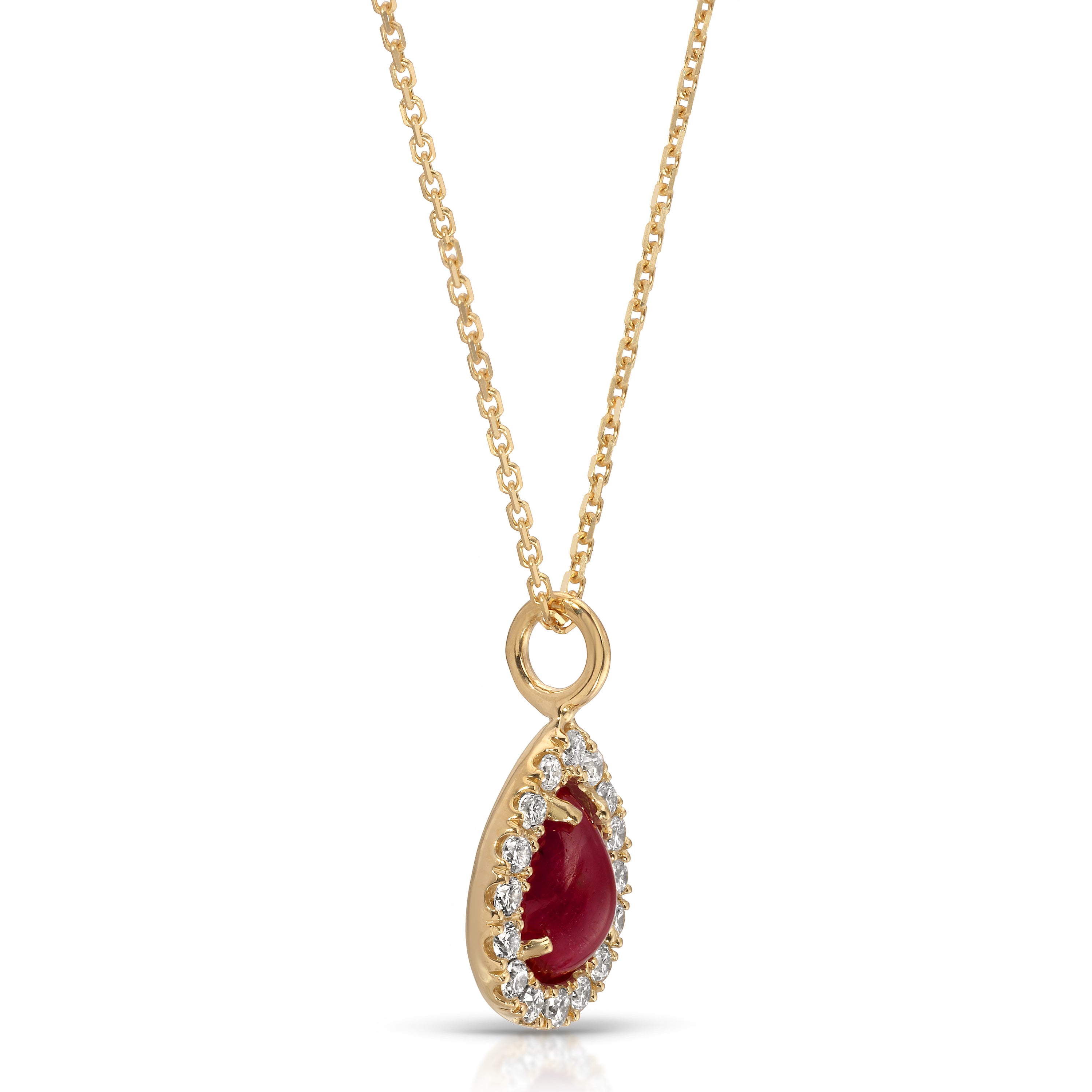 Gold necklace with a red gemstone and diamond accents on a white background