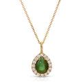 Teardrop-shaped pendant with blue and brown gemstones on a white background