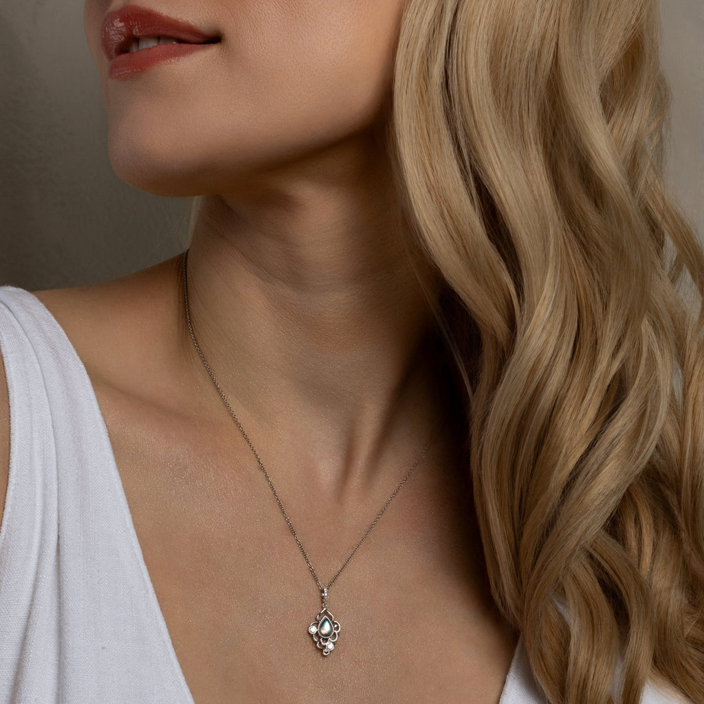 Close-up of a woman wearing a silver necklace with a star pendant.