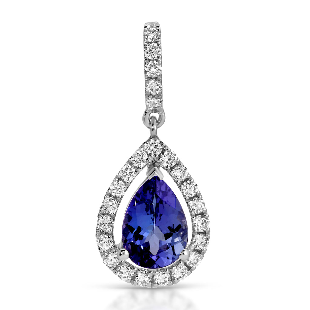 Teardrop-shaped gemstone pendant with diamond accents on a white background