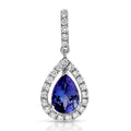 Teardrop-shaped gemstone pendant with diamond accents on a white background