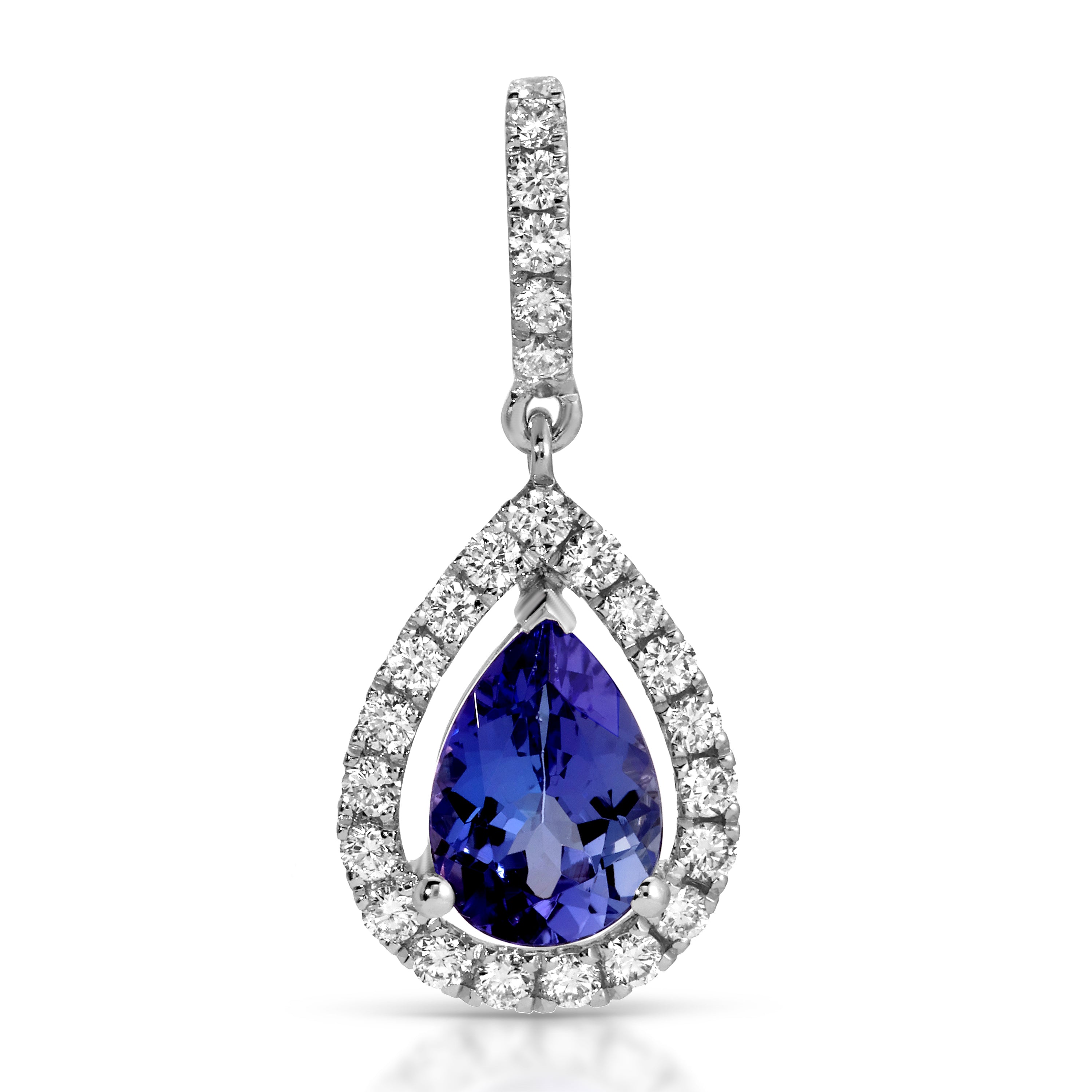 Teardrop-shaped gemstone pendant with diamond accents on a white background