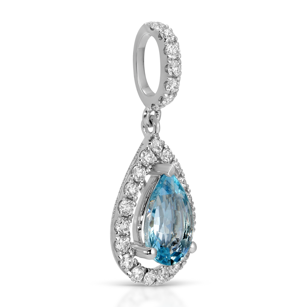 Teardrop-shaped blue gemstone pendant with diamond accents on a white background