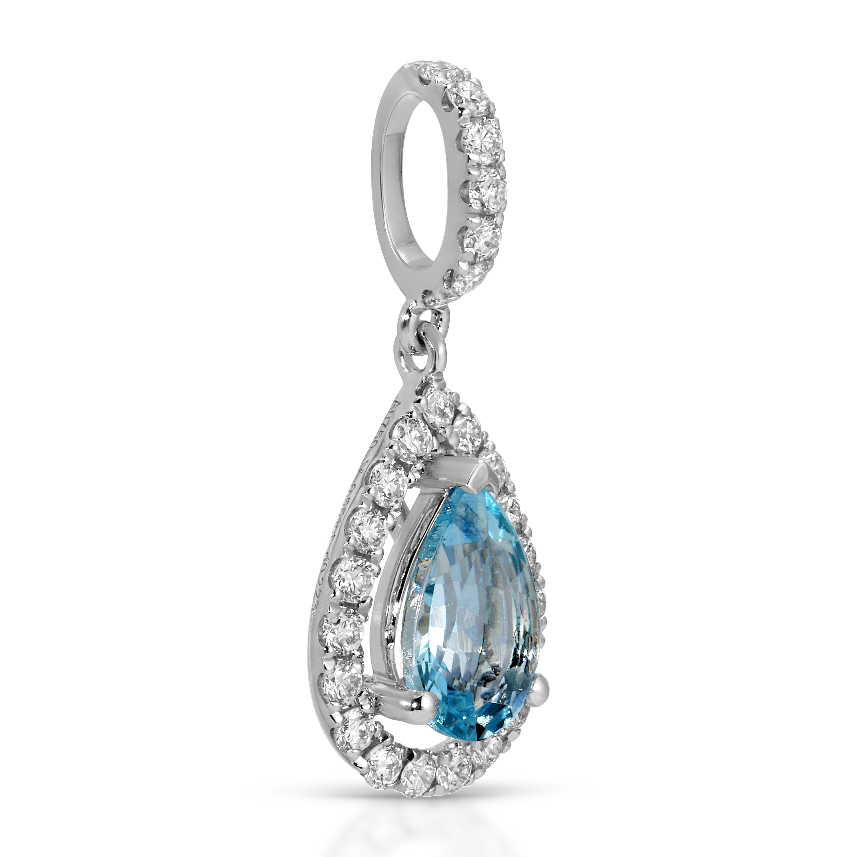 Teardrop-shaped blue gemstone pendant with diamond accents on a white background