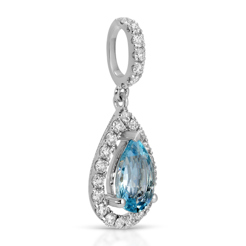 Teardrop-shaped blue gemstone pendant with diamond accents on a white background
