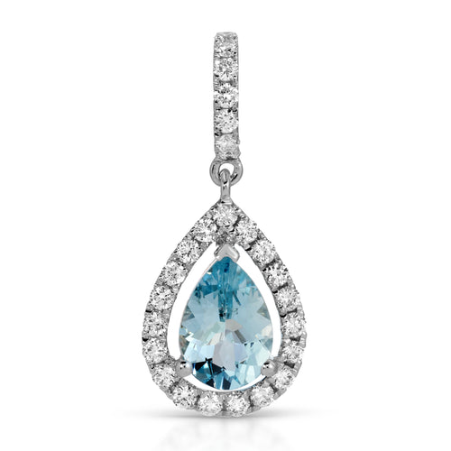 Teardrop-shaped pendant with blue gemstone and diamonds on a white background