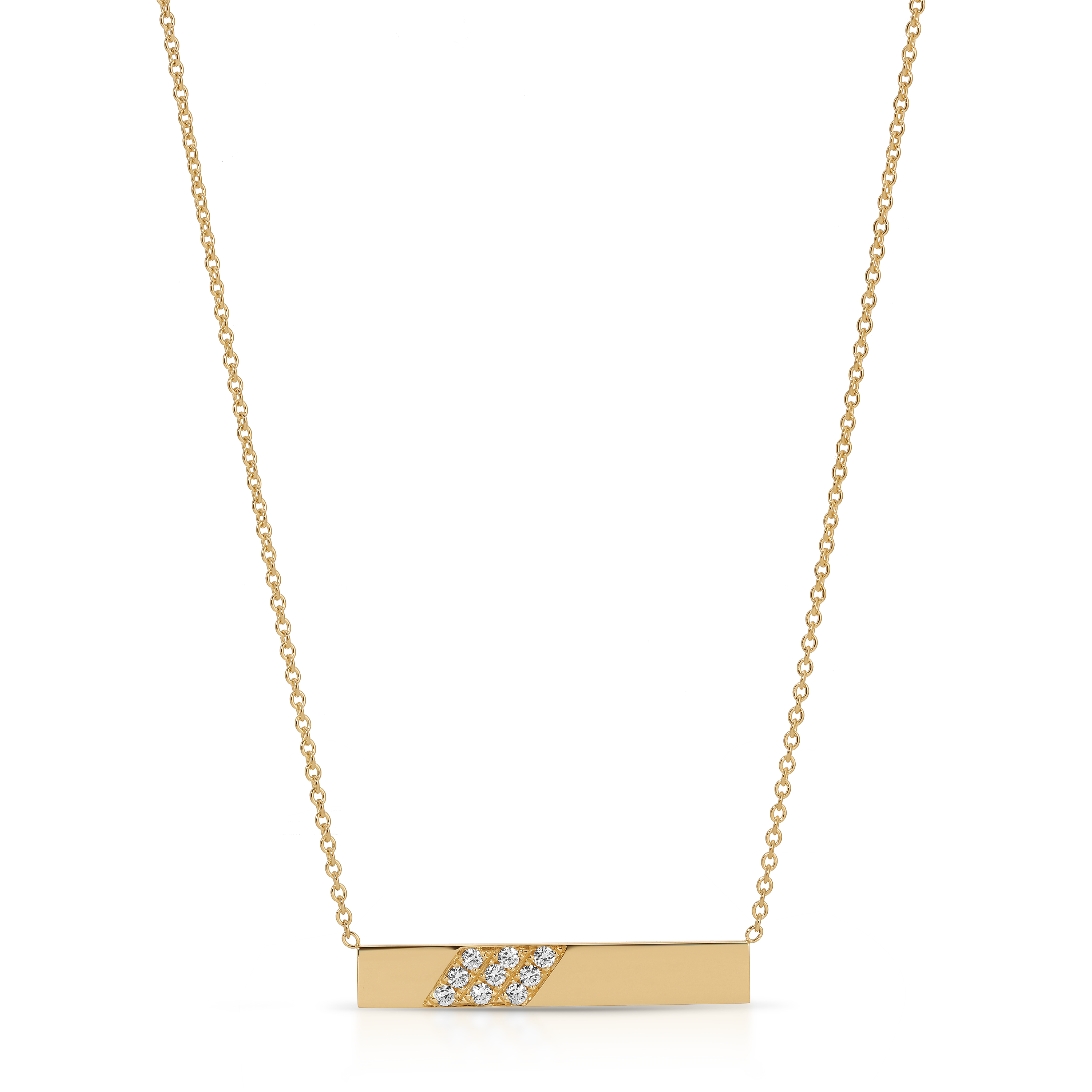 Gold necklace with a bar pendant on a white background