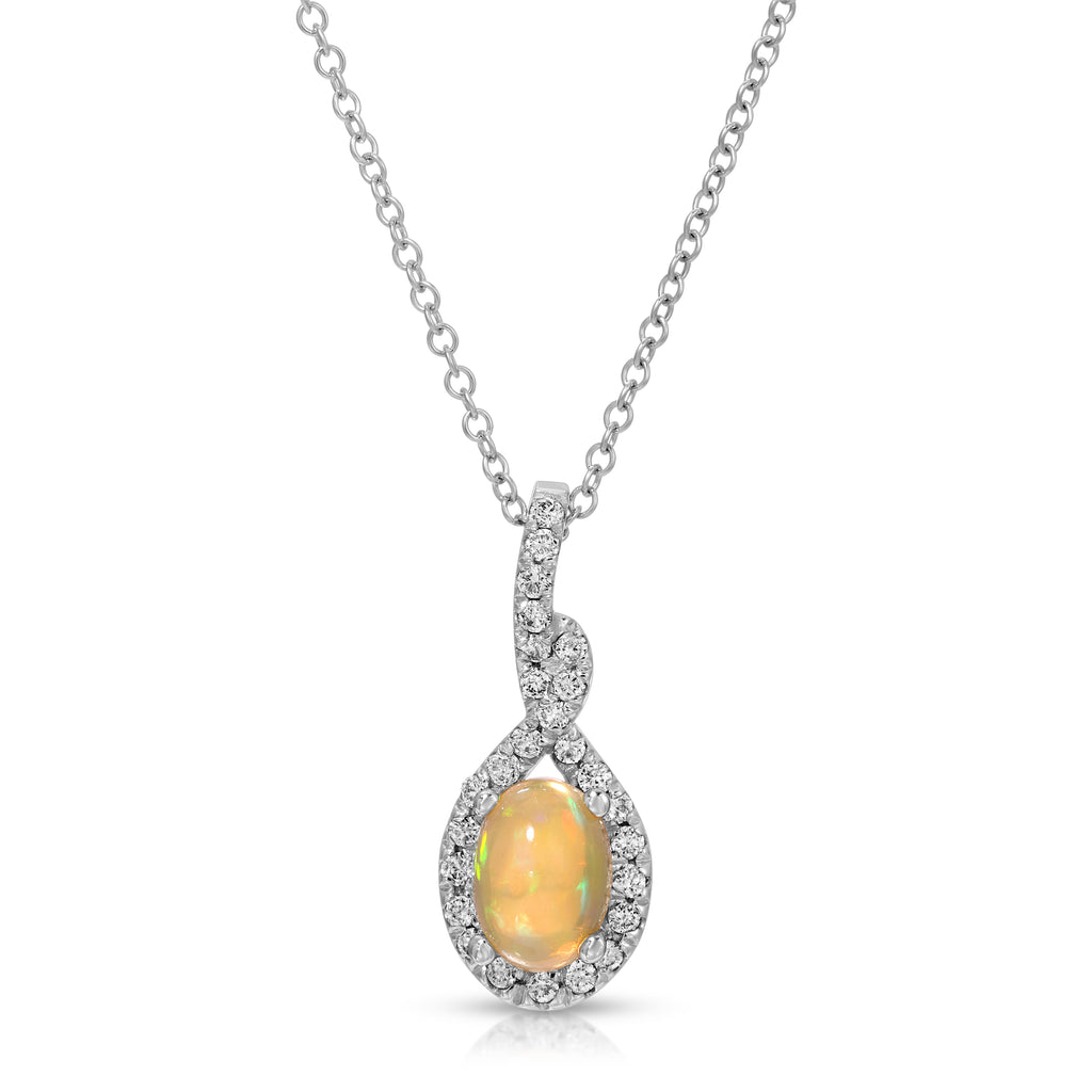 A silver pendant necklace featuring a teardrop-shaped opal gemstone surrounded by small clear stones, shown on a clean white background.