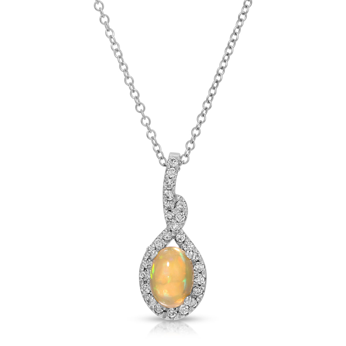 A silver pendant necklace featuring a teardrop-shaped opal gemstone surrounded by small clear stones, shown on a clean white background.