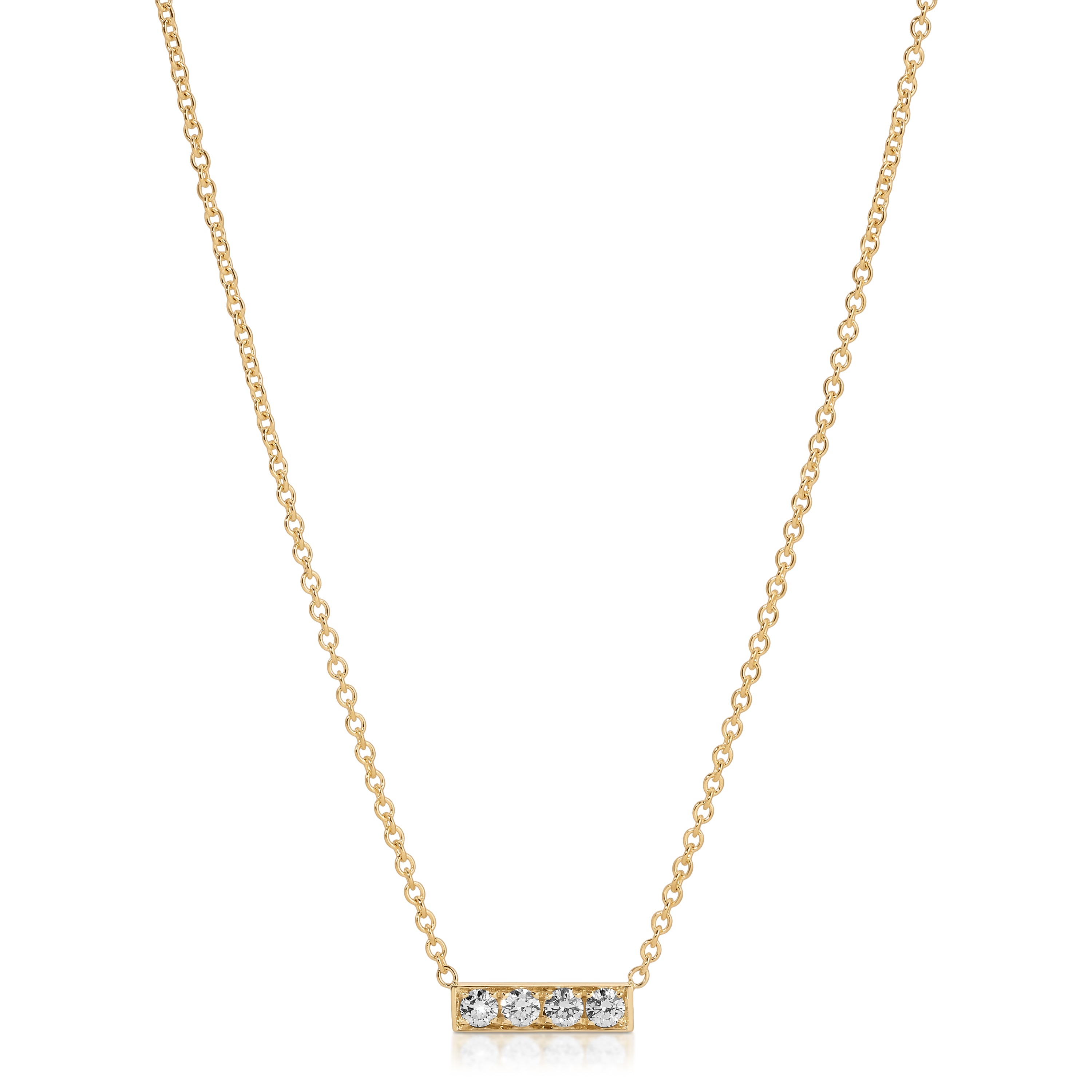 Gold necklace with a bar pendant featuring three diamonds on a white background