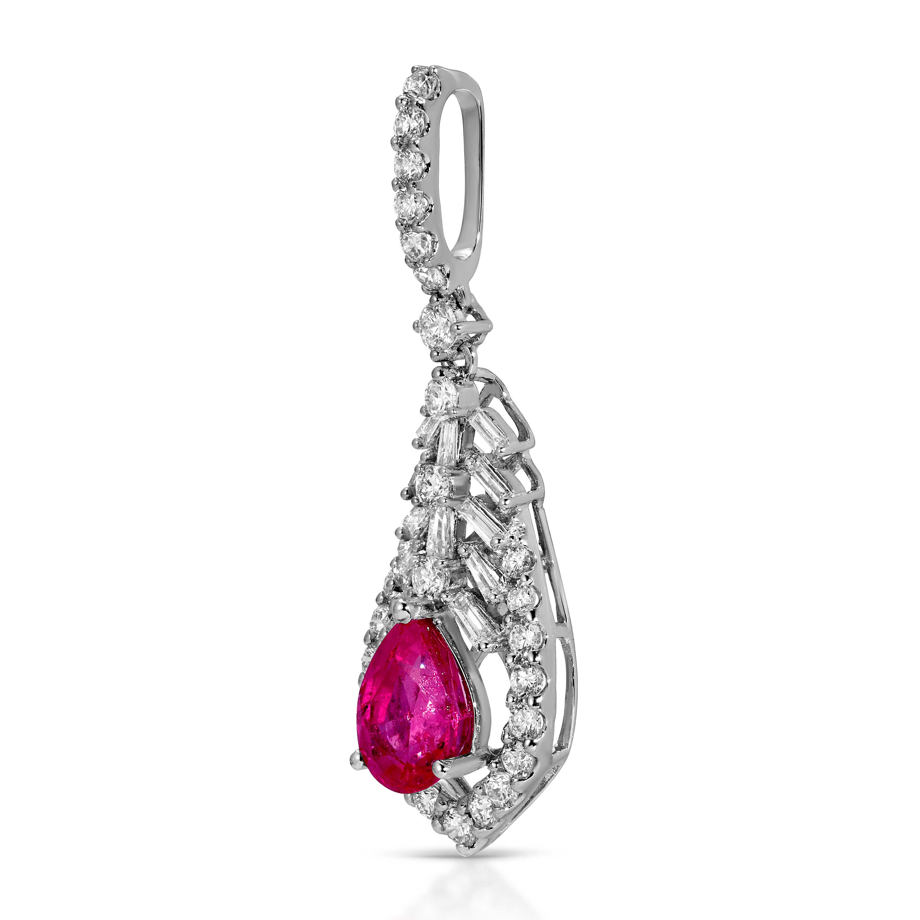 Diamond pendant with a central red gemstone on a white background