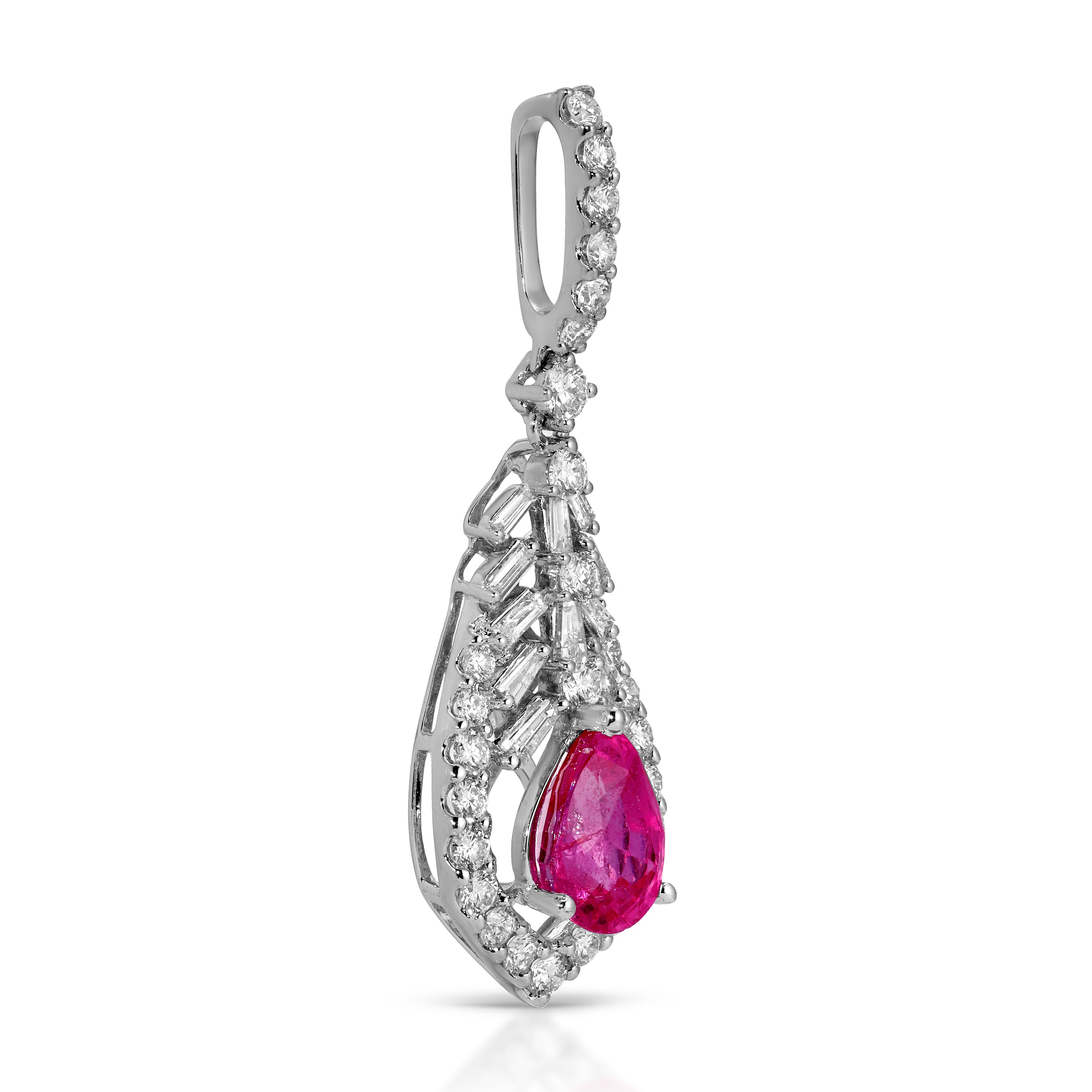 Silver pendant with a pink gemstone on a white background