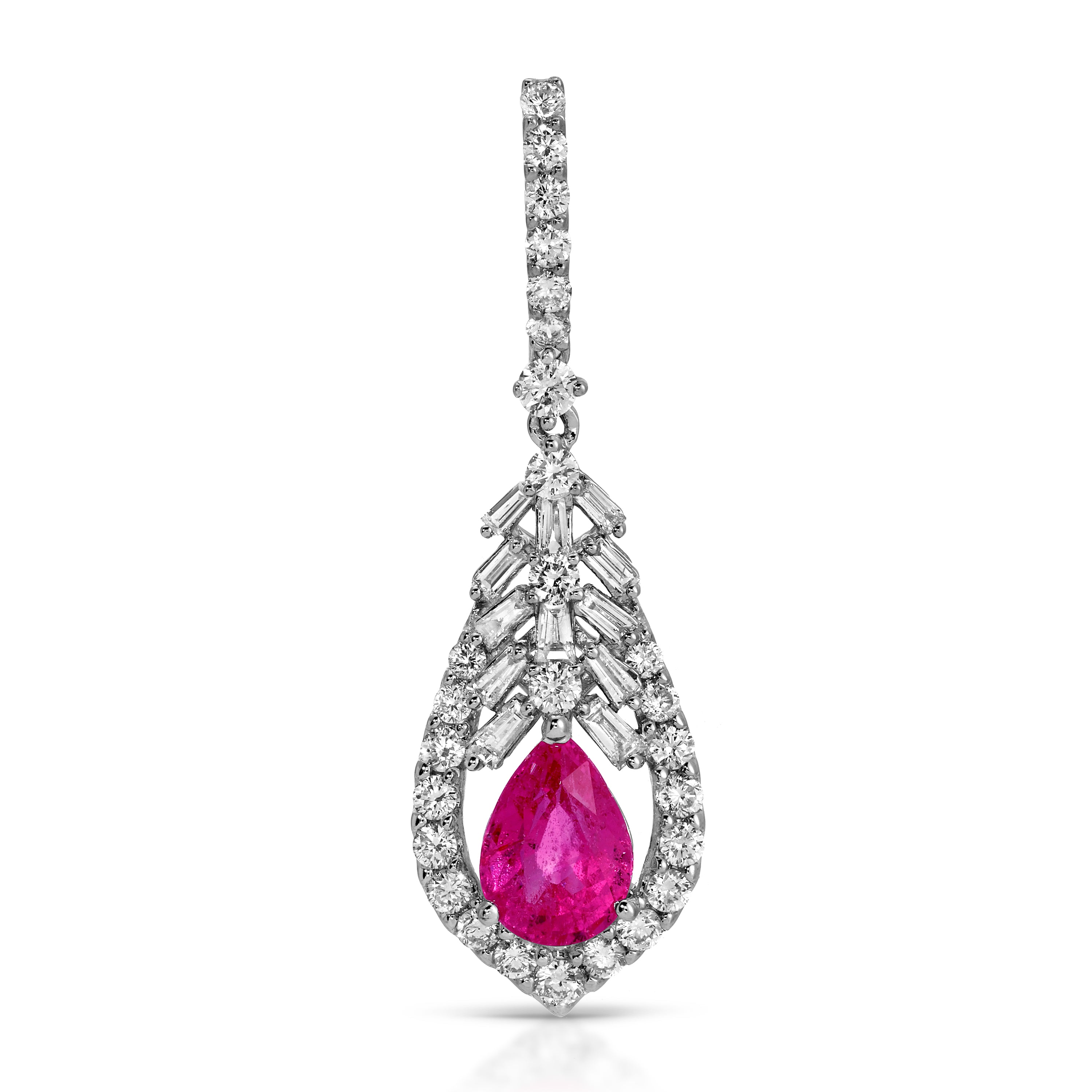 Diamond pendant with a pink gemstone on a white background