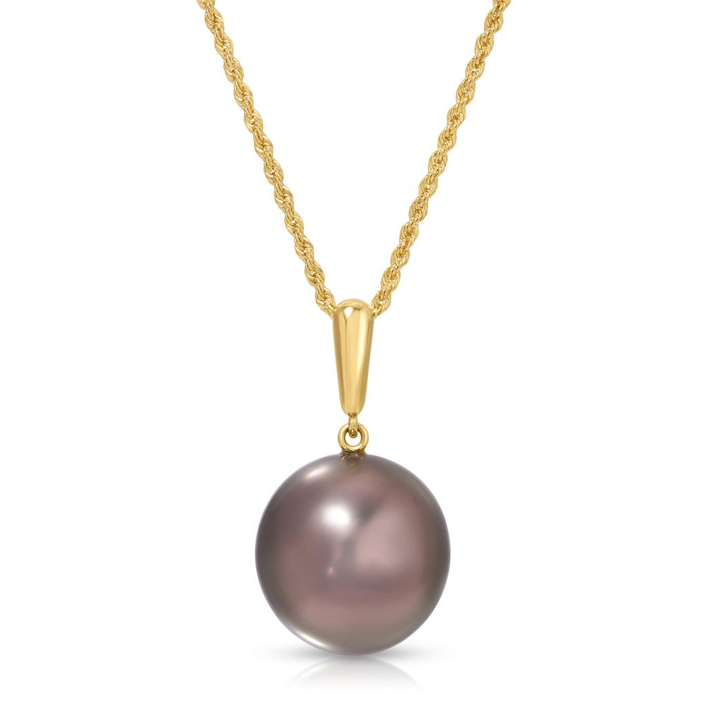 A gold chain necklace featuring a single round, dark grayish-purple freshwater pearl pendant with a polished gold bail, shown against a plain white background.