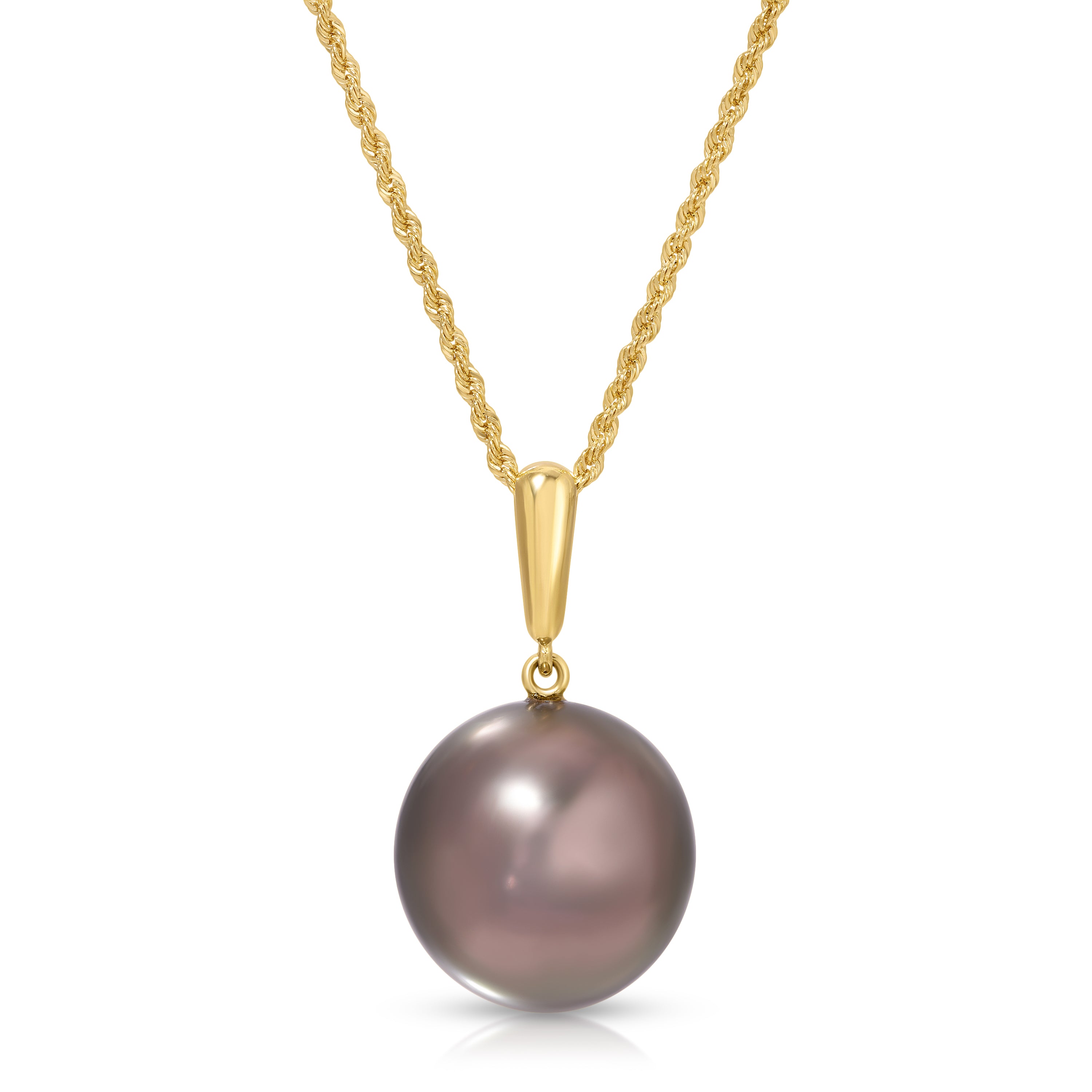 A gold chain necklace featuring a single round, dark grayish-purple freshwater pearl pendant with a polished gold bail, shown against a plain white background.